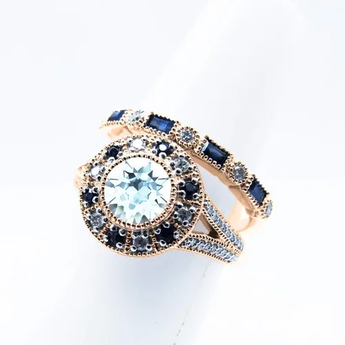 Vista 5 de Dazzlingrock Collection 6mm Centre Round Gemstone with Round White Diamond & Baguette Alternating Blue Sapphire Halo Miligrain Wedding Ring Set for