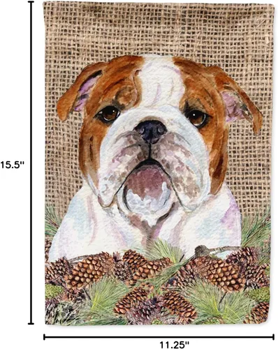 Vista 7 de Caroline's Treasures SS4075GF - Bandera decorativa para patio exterior, diseño de bulldog inglés sobre arpillera sintética con conos de pino