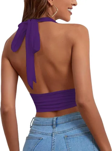 Vista 2 de Rooscier Top corto sin mangas con cuello en V profundo para mujer, espalda descubierta