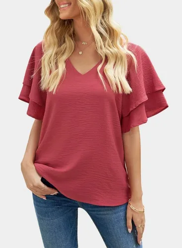 Vista 3 de SHEWIN Blusas de verano para mujer, estilo casual, cuello en V, con volantes, manga corta, holgadas