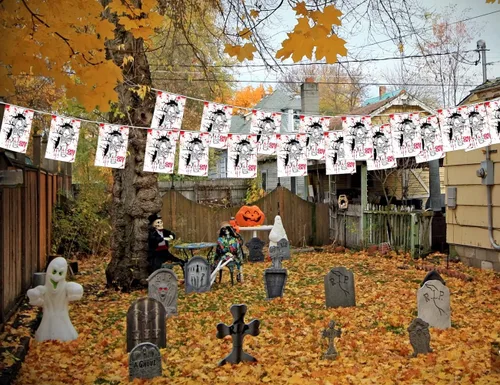 Vista 5 de Banderas y banderas clásicas de Chucky para Halloween, decoración colgante para interiores y exteriores