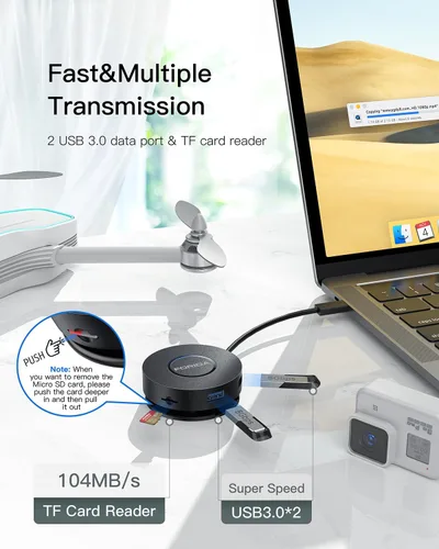 Vista 3 de Estación de acoplamiento mini USB C Dual HDMI, FORIDA USB C a USB Dock Hub con Gigabit Ethernet 100W Power Delivery Lector de tarjetas Micro SD