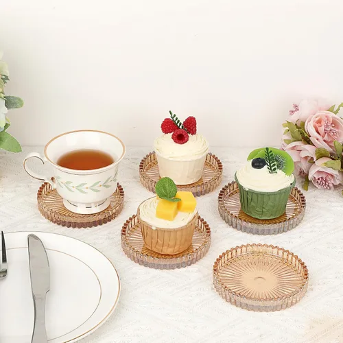 Vista 7 de JUXYES Juego de 5 posavasos de cristal tono ámbar redondos, tapetes para tazas de vidrio, posavasos para bebidas, café, té, vino, posavasos