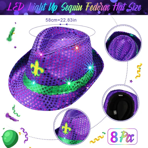 Vista 2 de 8 piezas Mardi Gras - Sombrero de fedora con lentejuelas LED, sombrero de vaquero intermitente