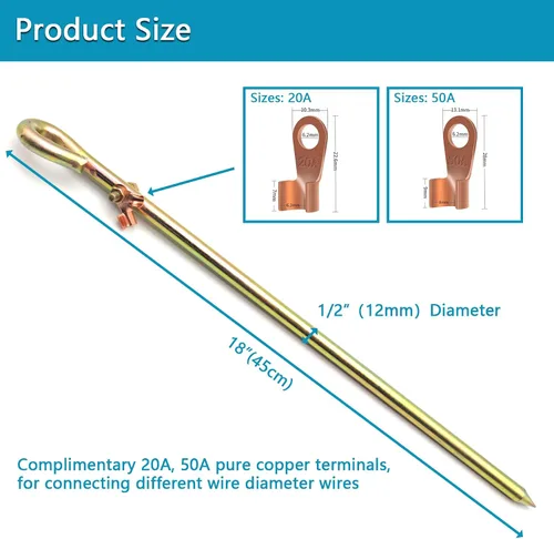 Vista 2 de Varilla de tierra portátil - Pasador de tierra con terminal de cable de tierra Ideal para cercas eléctricas, Fenerador, antenas, parabólicas