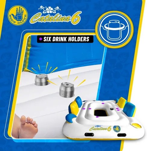 Vista 6 de Body Glove Catalina Island - Salón flotante inflable para seis personas con altavoz Bluetooth, 2 enfriadores y 6 soportes para bebidas, zona
