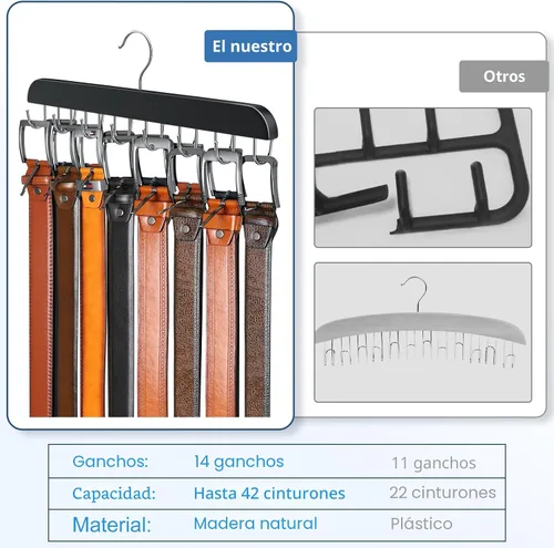 Vista 3 de Percha de cinturón para armario Max 42 cinturones, accesorios de armario de madera resistente con 14 ganchos, organizador de cinturón