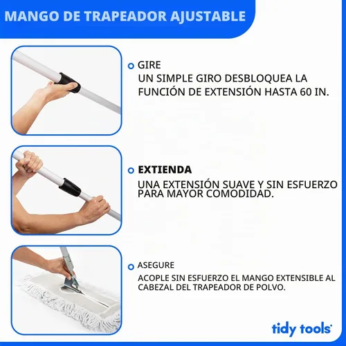 Vista 5 de Trapeador de polvo y barredora comercial de algodón de 18 pulgadas Extendable Metal Handle For Hardwood, Tile, Vinyl & Concrete. Reusable Dry Mop.