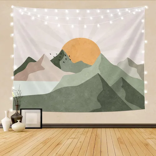 Vista 9 de SUOTEMEIFEI Tapiz bohemio verde salvia con sol de montaña, arte simple, paisaje de puesta de sol, paisaje, abstracto, estético, decoración de pared