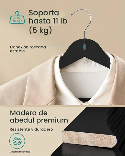 Vista 3 de SONGMICS Perchas de madera, paquete de 20, perchas para abrigos, barra para pantalones, ganchos giratorios de 360°, madera de abedul maciza, 0.3