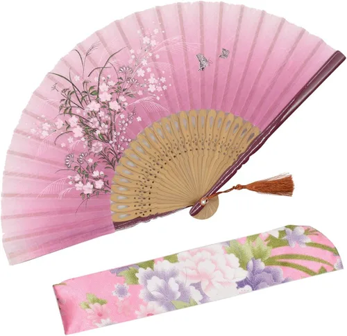 Vista 10 de OMyTea, abanico desplegable con motivo de flores de yuyos (8.27 pulgadas - 21 centímetros) con funda de tela para protección, estilo chino/japonés