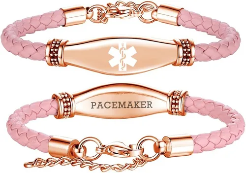 Vista 10 de LinnaLove Rose gold Medical Alert Bracelet for Women, Elegant Braided Pink Leather ID Jewelry, Adjustable Extension Fits 6.5"-8" Wrists