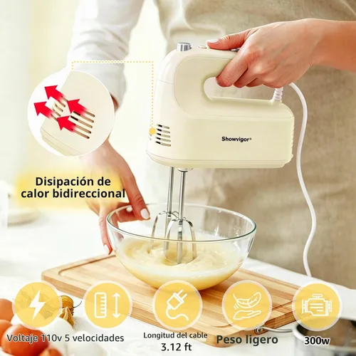 Vista 4 de Batidora de mano eléctrica, batidora de mano de 300 W con 5 accesorios de acero inoxidable, 5 velocidades ajustables + Turbo Boost y autocontrol