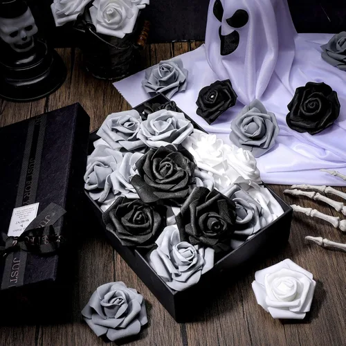 Vista 6 de Geosar - 200 cabezas de rosas de flores artificiales, 2.76 pulgadas, negro, blanco, gris