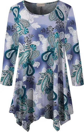 Vista 32 de LARACE - Camisa de talla extragrande para mujer, camisa tipo túnica con manga 3/4, ajuste holgado, ropa básica para mujer 2-negro_cuadros