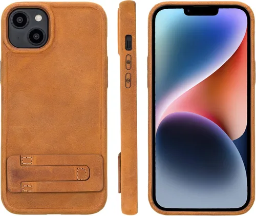 Vista 12 de Bayelon Funda de casco para iPhone 14 Plus - Funda delgada 360 de grano completo - Funda de cuero con función de atril (marrón oscuro)
