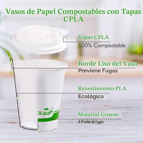 Vista 2 de ECOLipak 200 tazas de café de papel compostables de 8 onzas, tazas de café desechables biodegradables con tapa CPLA, tazas de bebida caliente