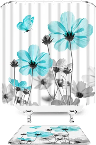 Vista 21 de Cortina de ducha floral azul y gris, planta rústica, retro, margarita, abstracta, elegante, natrue de tela con ganchos