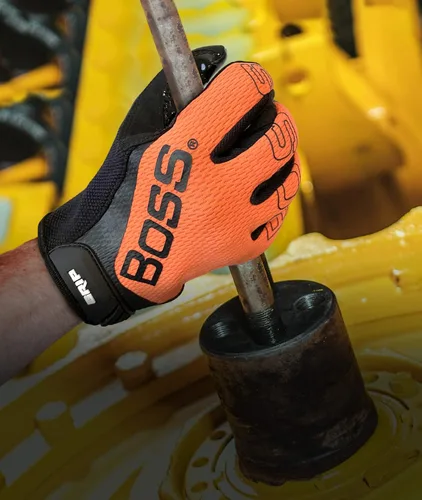 Vista 4 de Boss - Guantes de trabajo de seguridad de microfibra sintética de alta visibilidad con agarre de silicona, parte trasera de malla, agarre