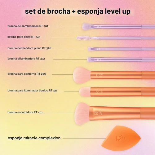 Vista 4 de Real Techniques - Juego de 8 piezas de brochas y esponjas Level Up, brochas de maquillaje para sombra de ojos, base, colorete y bronceador, esponja