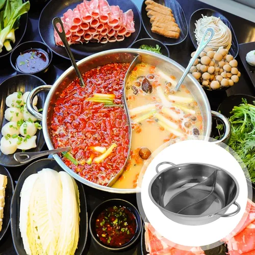 Vista 7 de Hemoton Olla caliente de acero inoxidable con divisor Olla de doble cara para estufa de inducción Estufa de gas para cocinar dos caldos