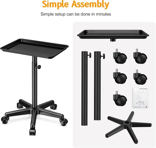 Vista 8 de Bandeja de salón con ruedas - Bandeja de tatuaje de aluminio premium con ruedas - Bandeja rodante ajustable para servicio de salón, carrito