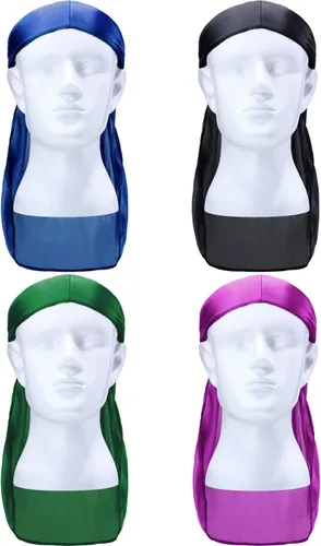 Vista 2 de 8 gorras de seda Durag con ondas elásticas para la cabeza, cola larga, correas anchas