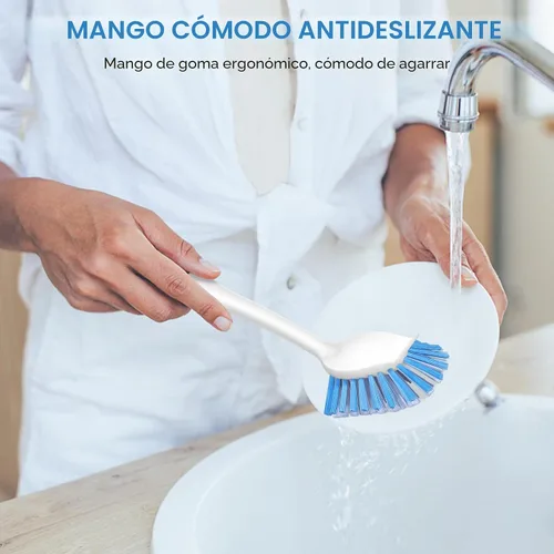 Vista 7 de SetSail Cepillo de platos con asa, paquete de 2 cepillos de cerdas rígidas con raspador integrado para limpiar platos, ollas y sartenes, fregadero