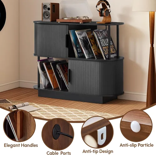Vista 4 de Soporte moderno para tocadiscos con almacenamiento de vinilo, soporte de almacenamiento para tocadiscos negro de 40 pulgadas con puerta corredera
