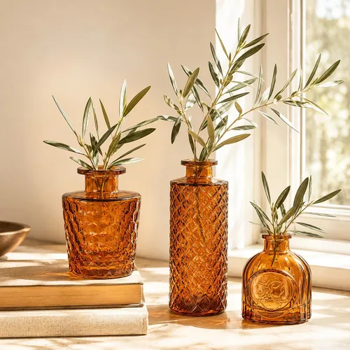 Vista 6 de UPBUD Juego de 5 jarrones de cristal ámbar, pequeños jarrones marrones para flores Mini jarrones a granel para decoraciones de boda, jarrón