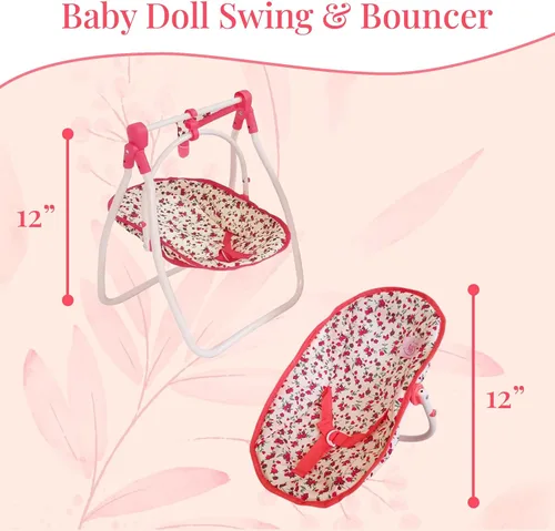 Vista 6 de Juego de Muebles de Cuna y Cochecito de Muñeca de Lujo, Juego de Accesorios Multi para Muñecas de 18", Incluye Cochecito de Muñeca, Columpio y Cama