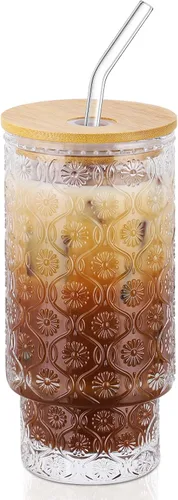 Vista 8 de Vasos de vidrio de 15 onzas con tapas y pajitas, cristalería vintage en relieve para whisky, cóctel, cerveza, taza de café helado con tapa