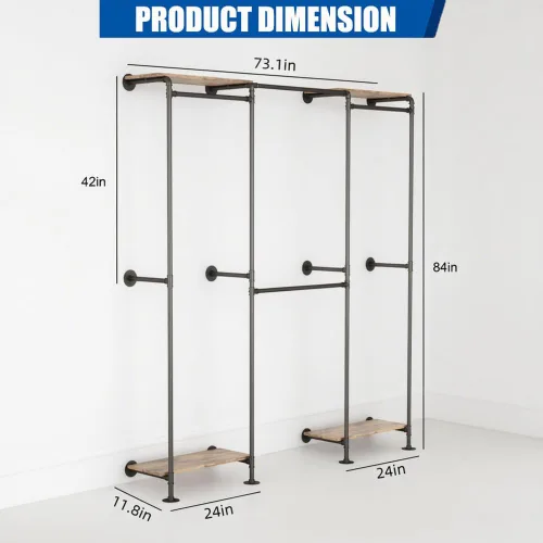 Vista 2 de KaKaBB Perchero industrial de tubería, perchero de pared para colgar ropa, perchero de esquina ajustable en forma de L con estantes, sistema de Negro