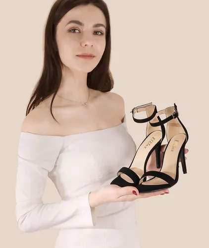 Vista 4 de ElElax - Tacones negros y blancos para mujer, 4 pulgadas, tacones de aguja con correa al tobillo, sandalias de tacón para fiesta de boda elegante