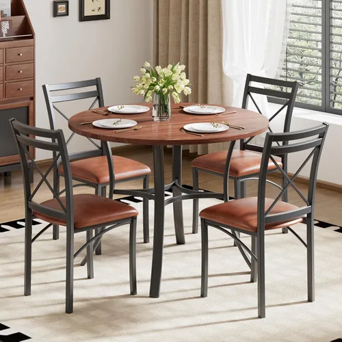 Vista 4 de VECELO juego de mesa de comedor de 5 piezas para 4 con sillas, superficie de grano de madera, espacio pequeño, cocina, desayunador, color marrón