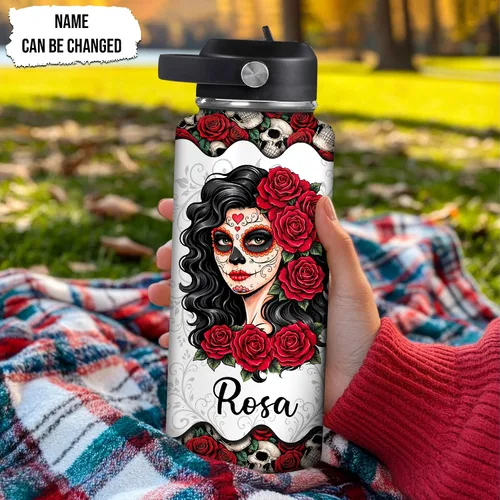 Vista 2 de Hyturtle Botella de agua personalizada con calavera de azúcar, botella de acero inoxidable aislada de viaje con tapa a prueba de fugas, 18 onzas, 32