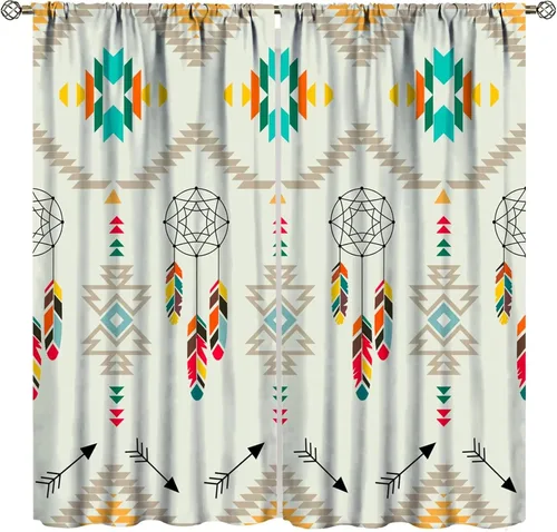 Vista 408 de Cortinas con patrón geométrico tribal, estilo suroeste, azteca, rústico, occidental, nativo americano, opacas, con bolsillo para barra, decoración