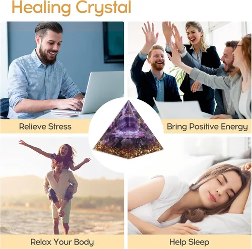 Vista 5 de Hopeseed Pirámide de orgón para energía positiva, cristales curativos de cristal de amatista natural de orgonita pirámide para reducir el estrés