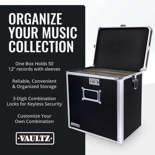 Vista 3 de Vaultz Caja de almacenamiento para discos de vinilo, soporte y organizador de 50 álbumes, gran alternativa a la caja de LP endeble, 14.4 x 13.4 x