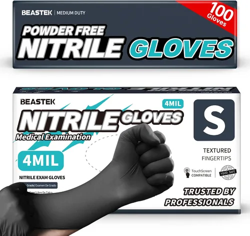 Vista 10 de Beastek Nitrile+™ 4 Mil Disposable Exam Gloves, Latex & Powder-Free Medical Food Safe Glove for Cooking Cleaning, Black 100Ct
