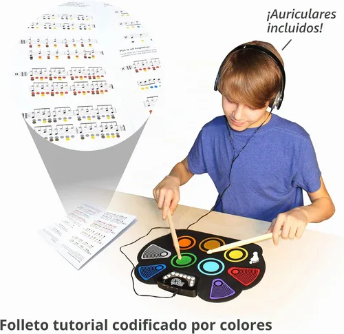 Vista 2 de MUKIKIM Rock And Roll It - CodeDrum. Juego de batería portátil enrollable para niños y adultos. Almohadilla electrónica de silicona arcoíris