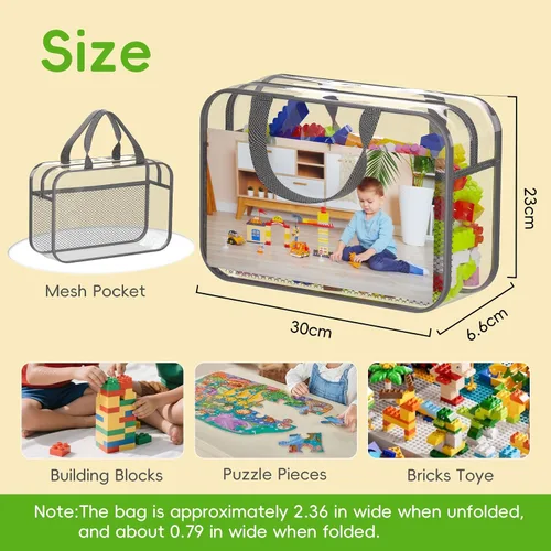 Vista 2 de Juego de 4 bolsas de almacenamiento de juguetes con cremallera para niños y niñas, bolsas organizadoras grandes de PVC con bolsillos laterales
