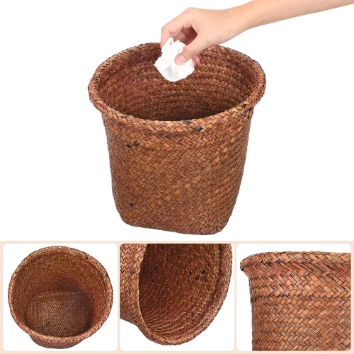 Vista 9 de FOMIYES Papelera tejida con pajilla, de mimbre, para el hogar, oficina, dormitorio, 9.4 pulgadas