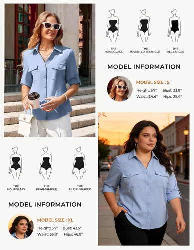 Vista 6 de GRACE KARIN Camisas con botones para mujer, cuello en V clásico, manga 3/4, blusas básicas elegantes sin arrugas