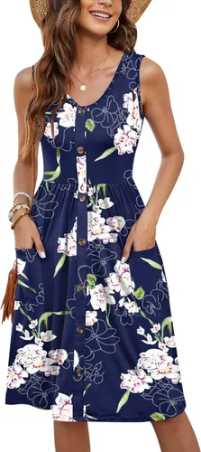 Vista 44 de MOLERANI Vestido de verano para mujer, sin mangas, estilo casual, suelto, con vuelo, botones, midi, con bolsillos 01-beja Blue