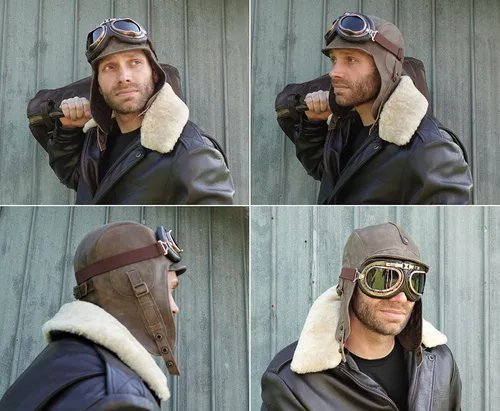 Vista 3 de Leather Aviator Hat, Real Vintage Brown Leather Helmet, Pilot Cap, for Men & Women