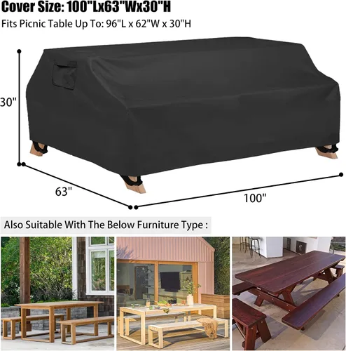 Vista 3 de WOMACO Funda de mesa de picnic impermeable, resistente de 96 pulgadas para patio al aire libre, cubierta de mesa y banco para invierno, resistente