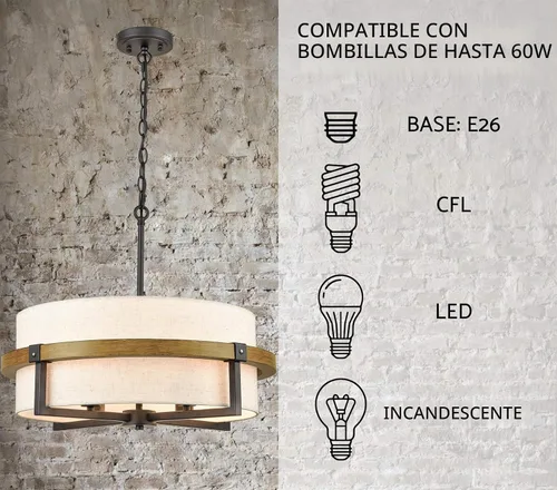 Vista 7 de Candelabro de tambor rústico de 4 luces para comedor con pantalla de tela blanca rota