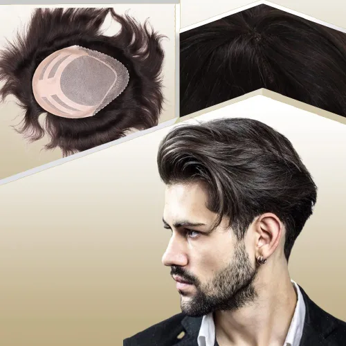 Vista 15 de Sistema de reemplazo de cabello humano para hombre, tupé para hombre, piel fina con parte superior de encaje mono y la parte trasera de poliuretano