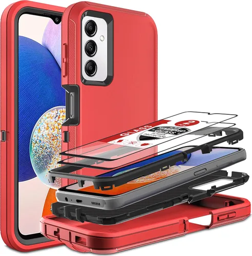 Vista 11 de Funda para Samsung Galaxy A14 5G, 3 en 1, protección resistente a prueba de golpes con 2 protectores de pantalla de vidrio templado, color azul Azul